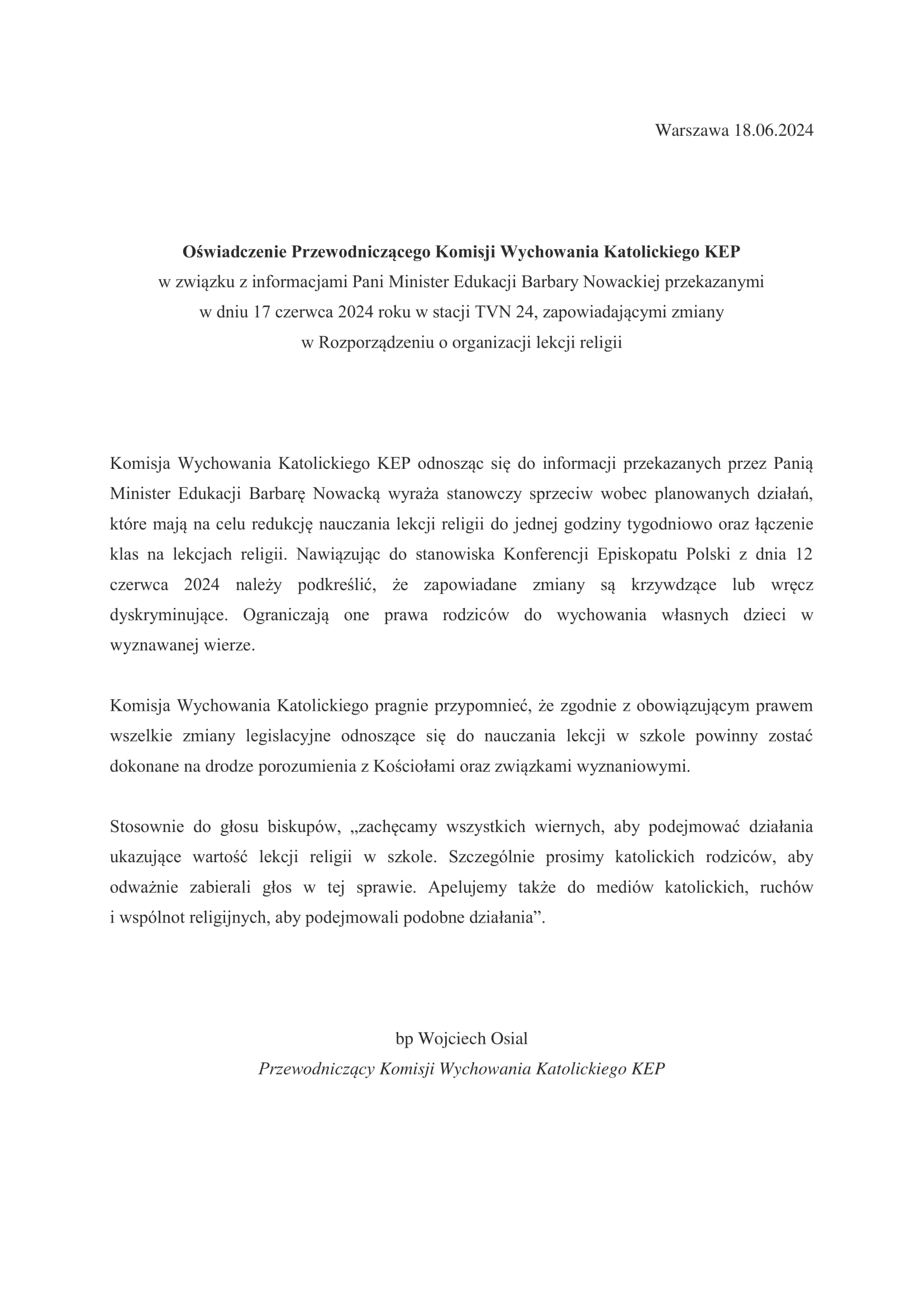 zał. nr 2 Oświadczenie Przewodniczącego Komisji Wychowania Katolickiego KEP 18.06.2024 1 1